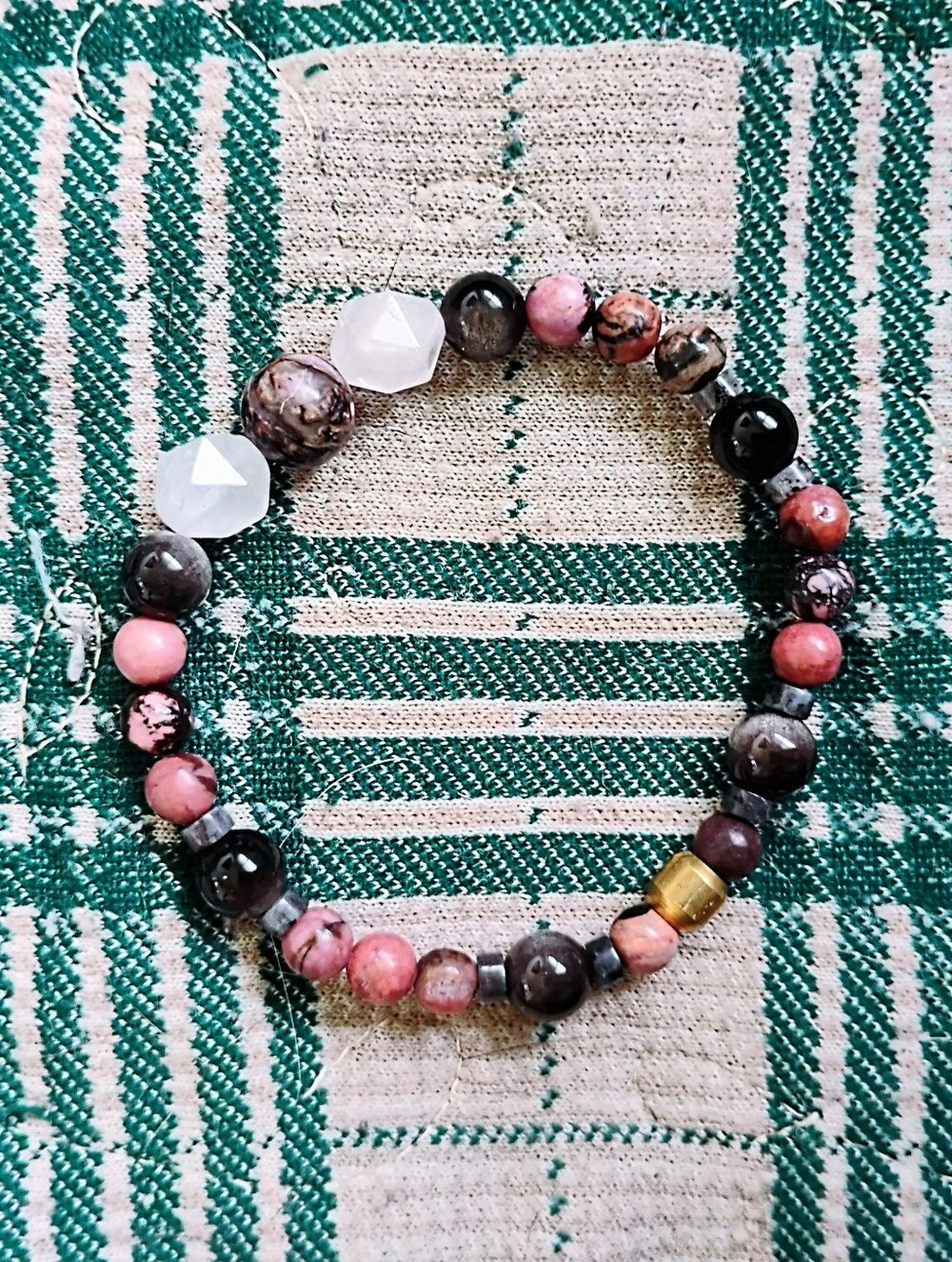 Rose Quartz, Rhodonite, Obsidian, and Black Moonstone Handmade Bracelet
